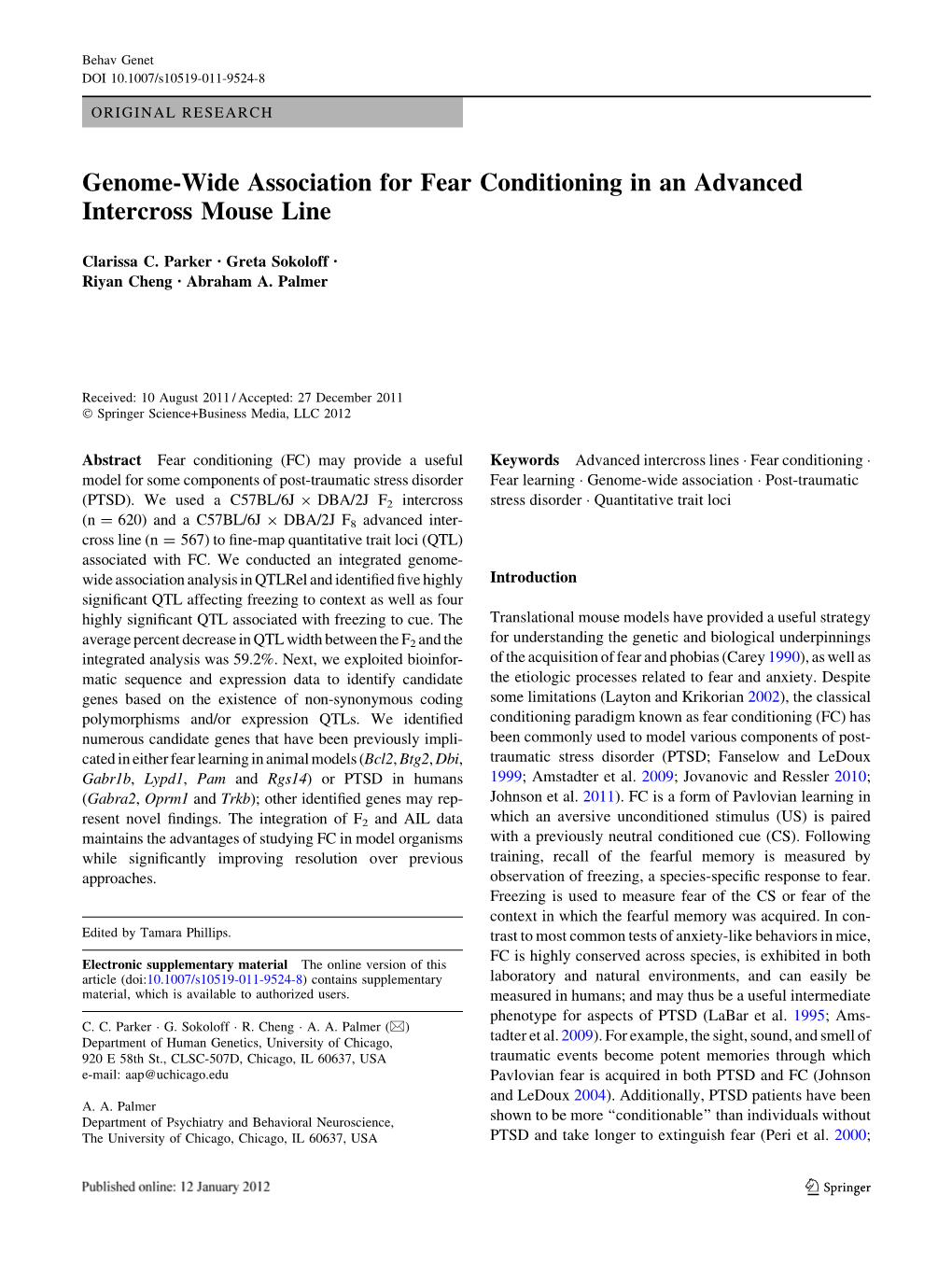 Genome-Wide Association for Fear Conditioning in an Advanced Intercross Mouse Line
