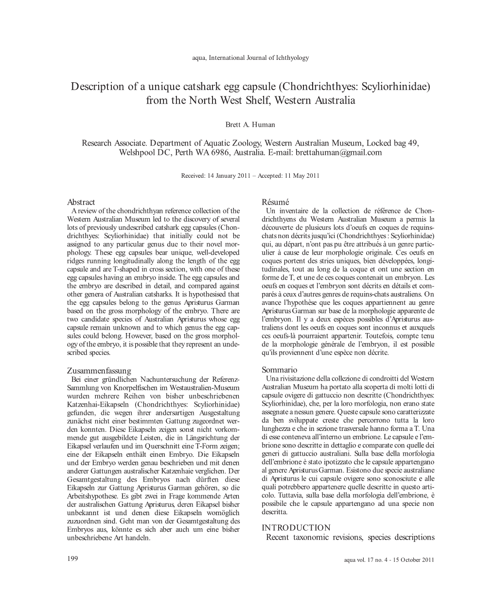 Description of a Unique Catshark Egg Capsule (Chondrichthyes: Scyliorhinidae) from the North West Shelf, Western Australia