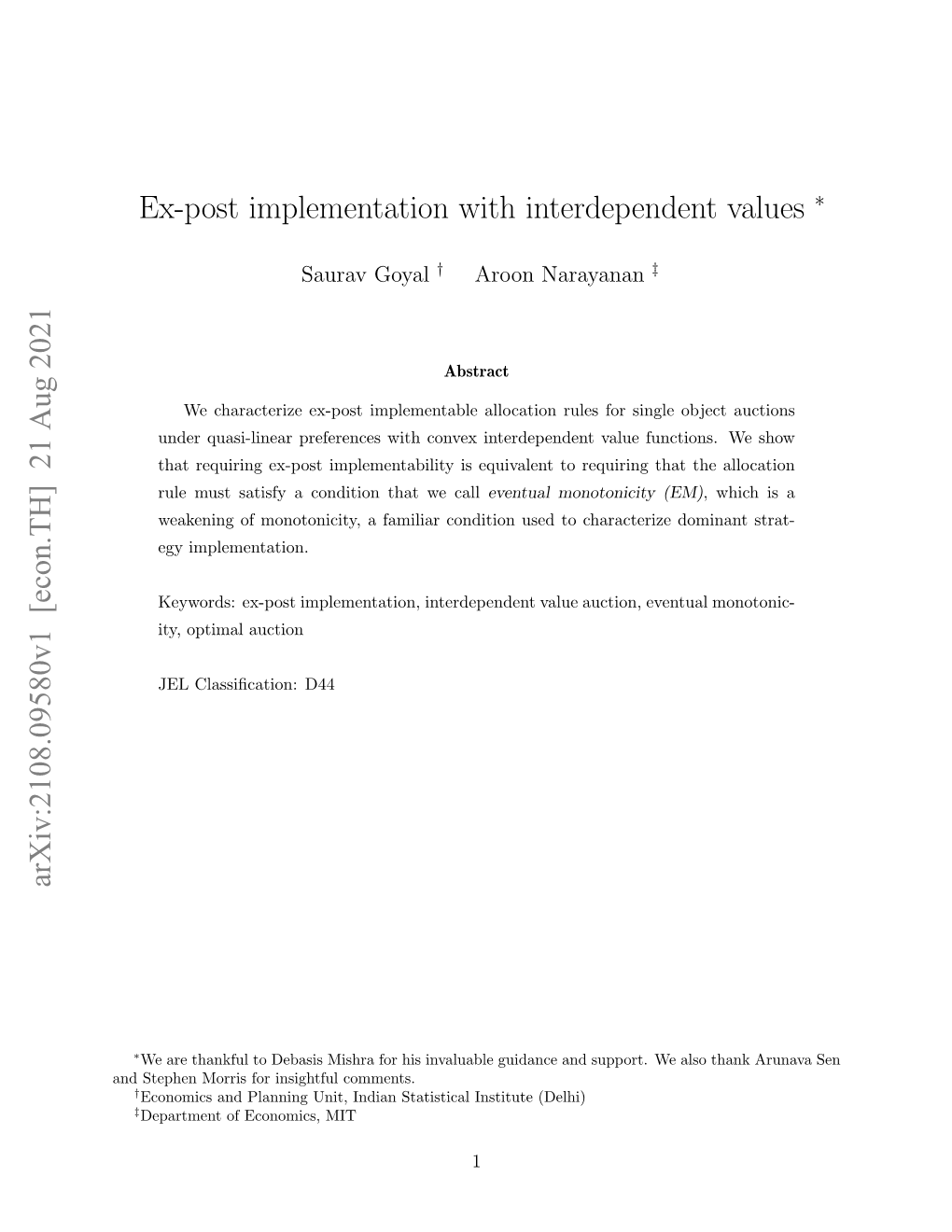 Ex-Post Implementation with Interdependent Values Arxiv