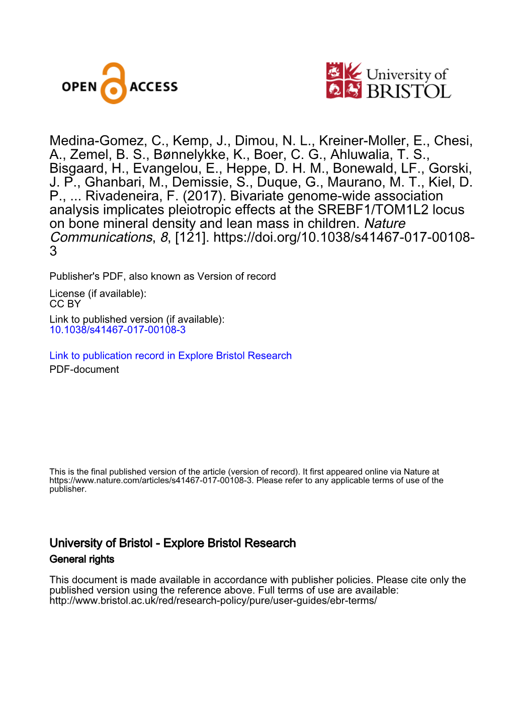 Bivariate Genome-Wide Association Meta-Analysis of Pediatric Musculoskeletal Traits Reveals Pleiotropic Effects at the SREBF1/TOM1L2 Locus