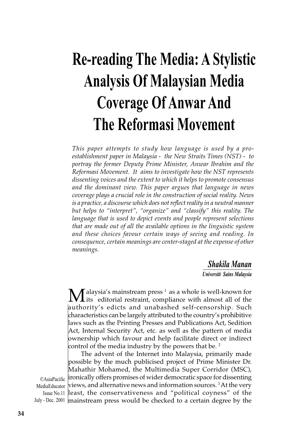 Re-Reading the Media: a Stylistic Analysis of Malaysian Media Coverage of Anwar and the Reformasi Movement