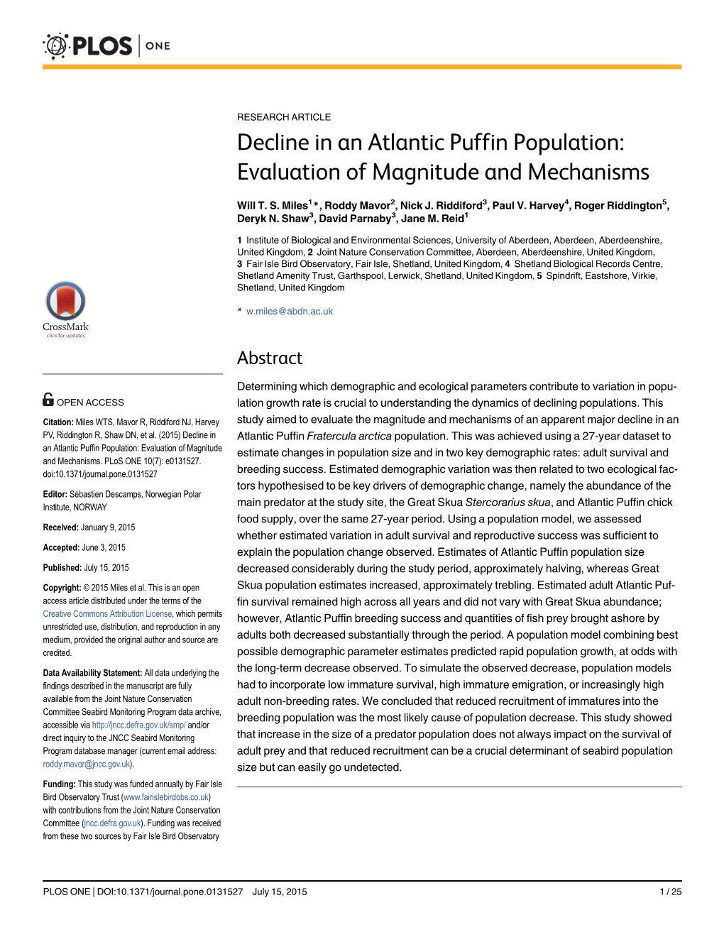 Decline in an Atlantic Puffin Population: Evaluation of Magnitude and Mechanisms