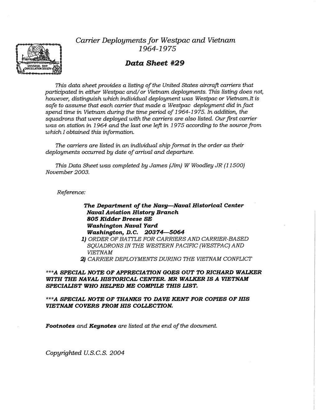 1964-1975 Data Sheet #29 with the NAVAL HISTORICAL CENTER