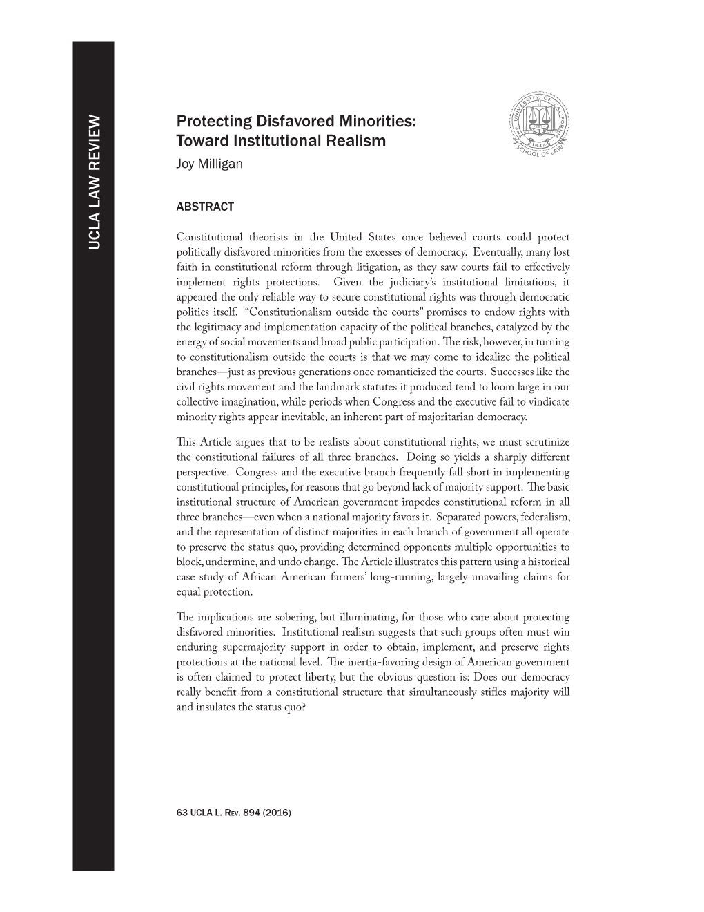 Protecting Disfavored Minorities: Toward Institutional Realism Joy Milligan