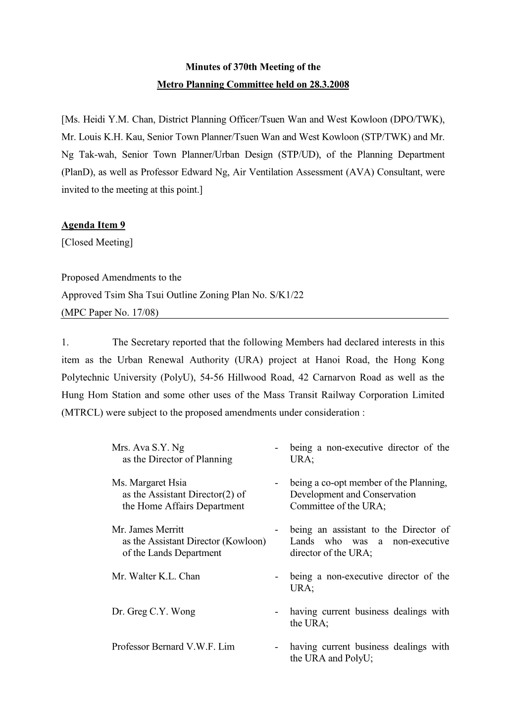 Minutes of 370Th Meeting of the Metro Planning Committee Held on 28.3.2008