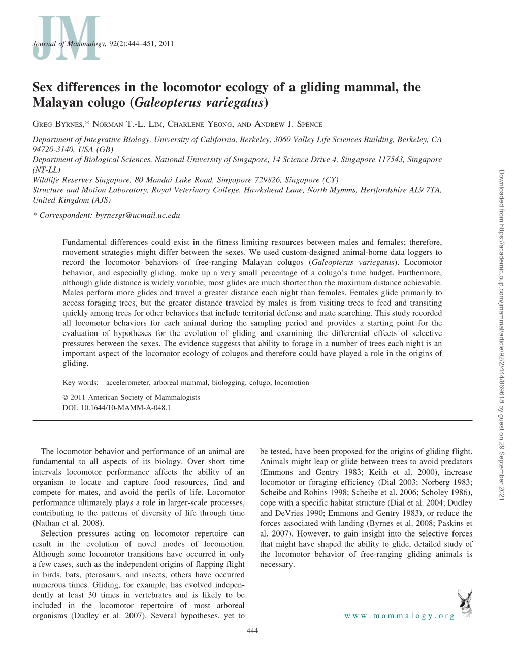 Sex Differences in the Locomotor Ecology of a Gliding Mammal, the Malayan Colugo (Galeopterus Variegatus)