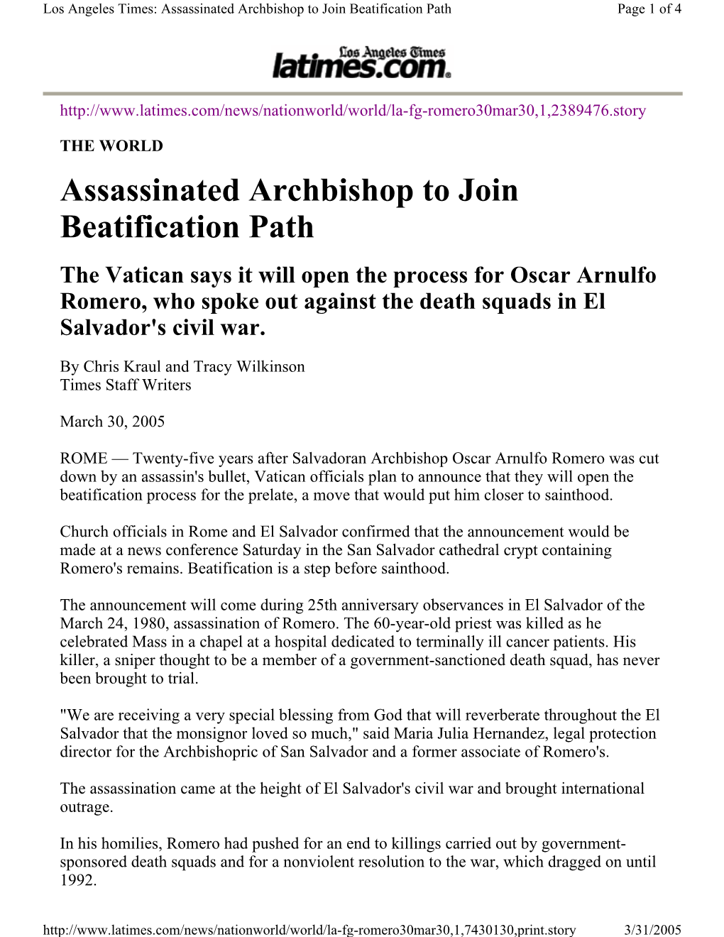 Assassinated Archbishop to Join Beatification Path Page 1 of 4