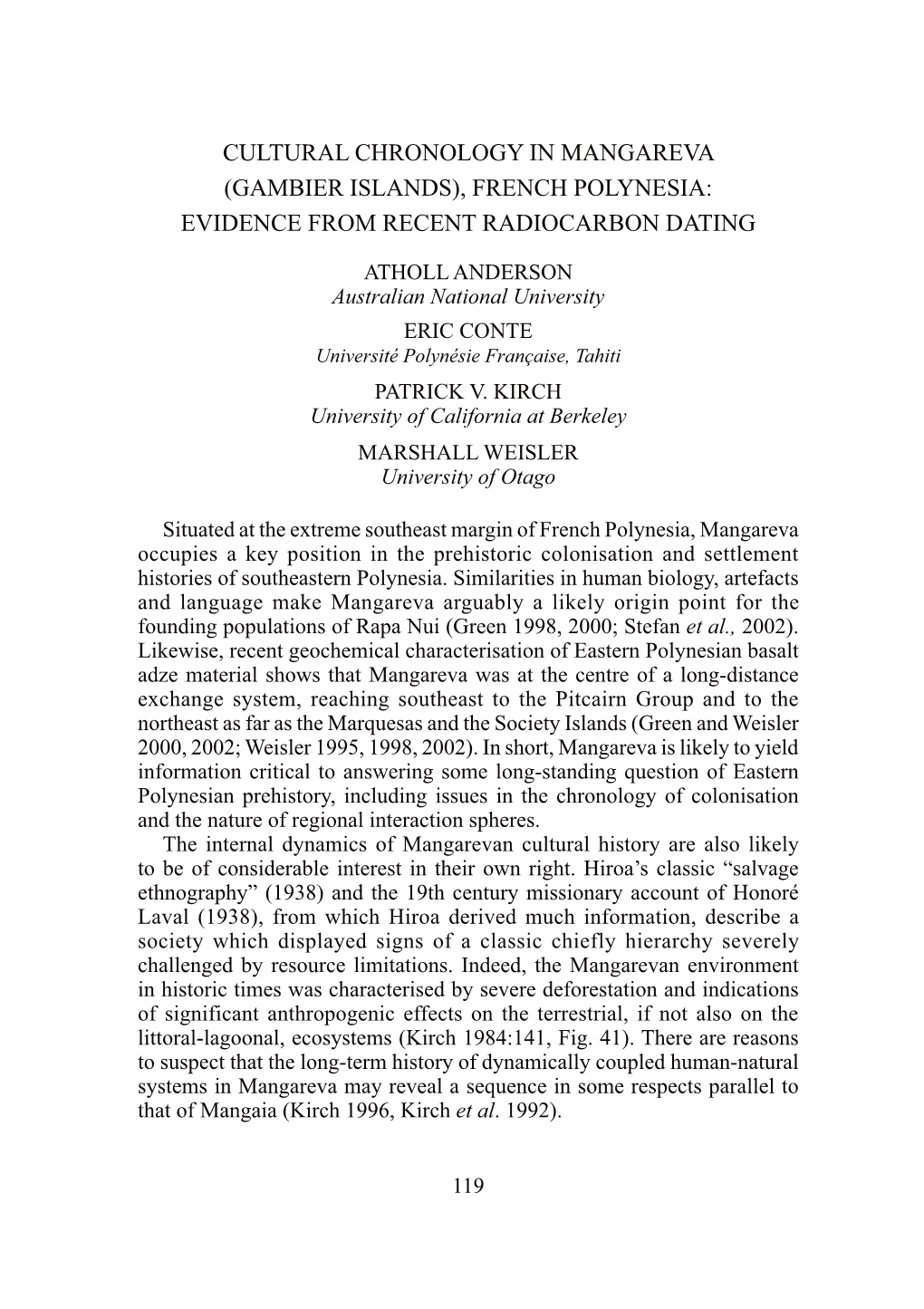 Cultural Chronology in Mangareva (Gambier Islands), French Polynesia: Evidence from Recent Radiocarbon Dating