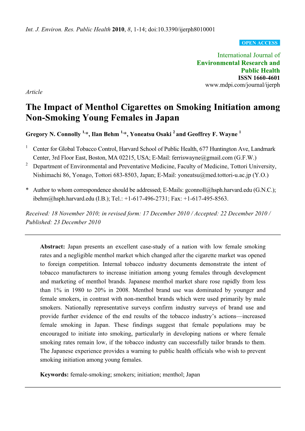 The Impact of Menthol Cigarettes on Smoking Initiation Among Non-Smoking Young Females in Japan