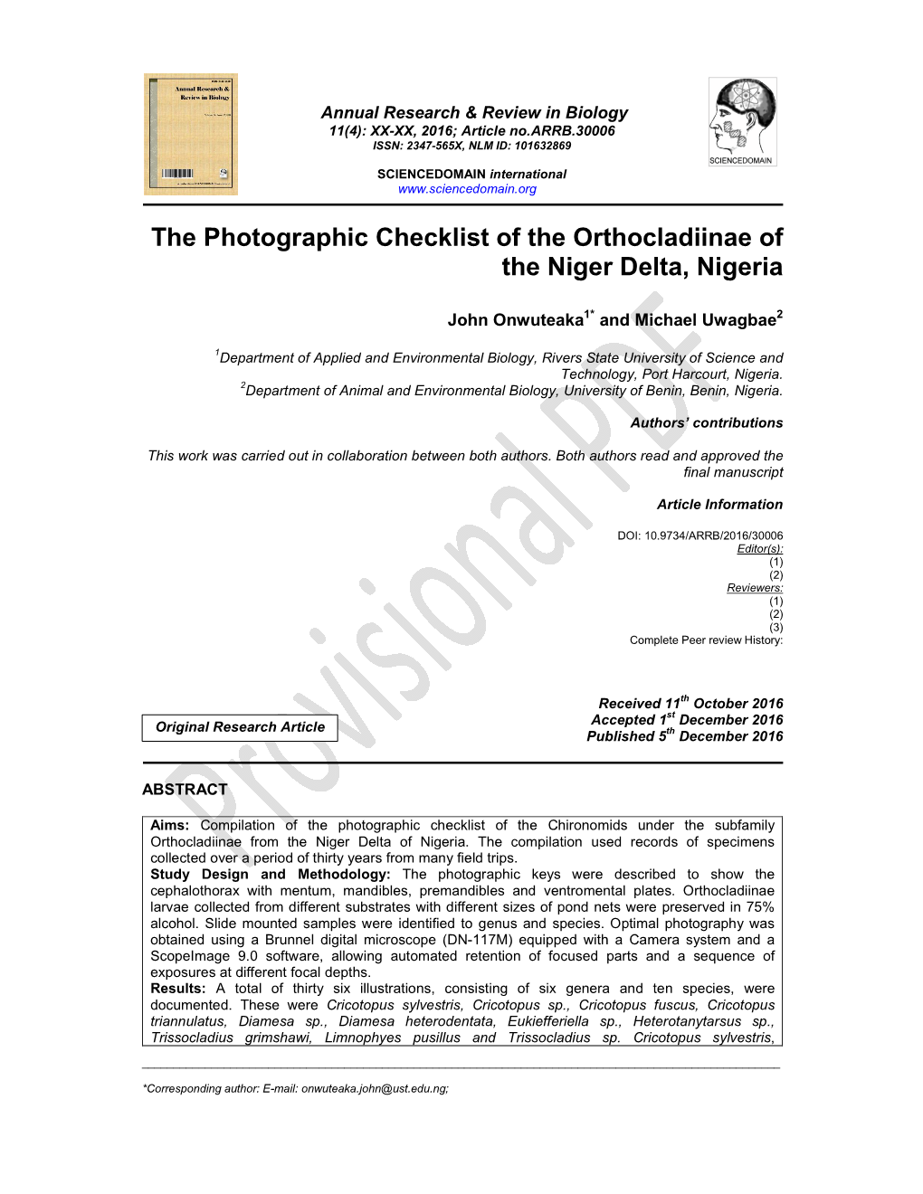 The Photographic Checklist of the Orthocladiinae of the Niger Delta, Nigeria