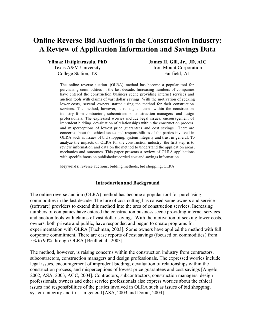 Online Reverse Bid Auctions in the Construction Industry: a Review of Application Information and Savings Data