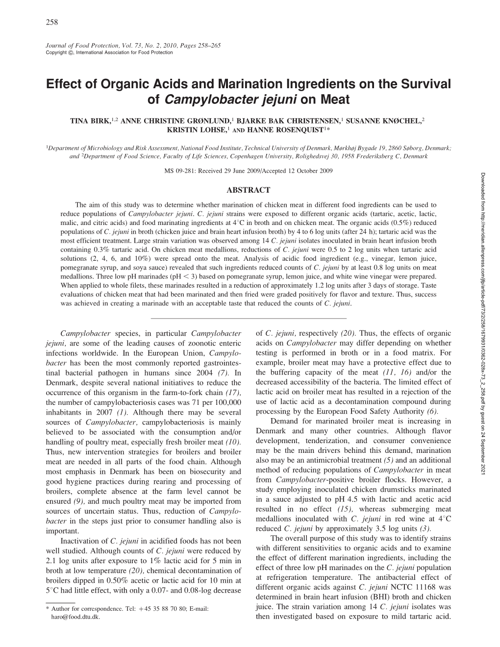 Effect of Organic Acids and Marination Ingredients on the Survival of &lt;I&gt;Campylobacter Jejuni&lt;/I&gt; on Meat
