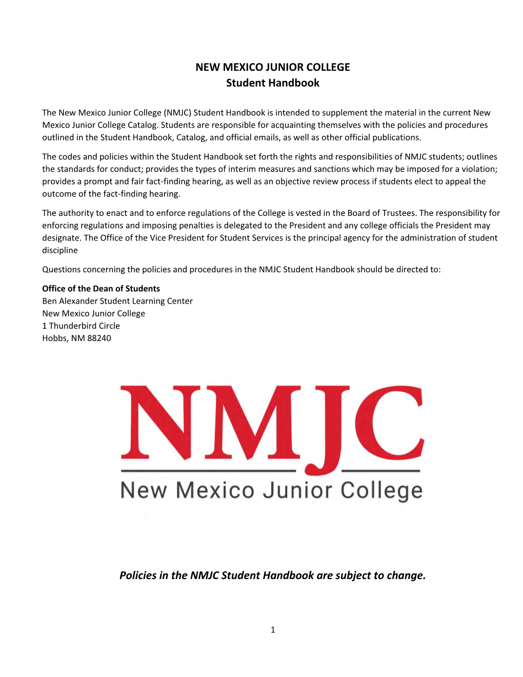 NMJC Student Code of Conduct Procedures If Deemed Warranted