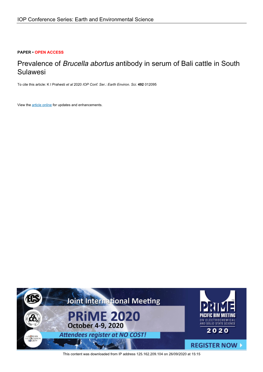 Prevalence of Brucella Abortus Antibody in Serum of Bali Cattle in South Sulawesi