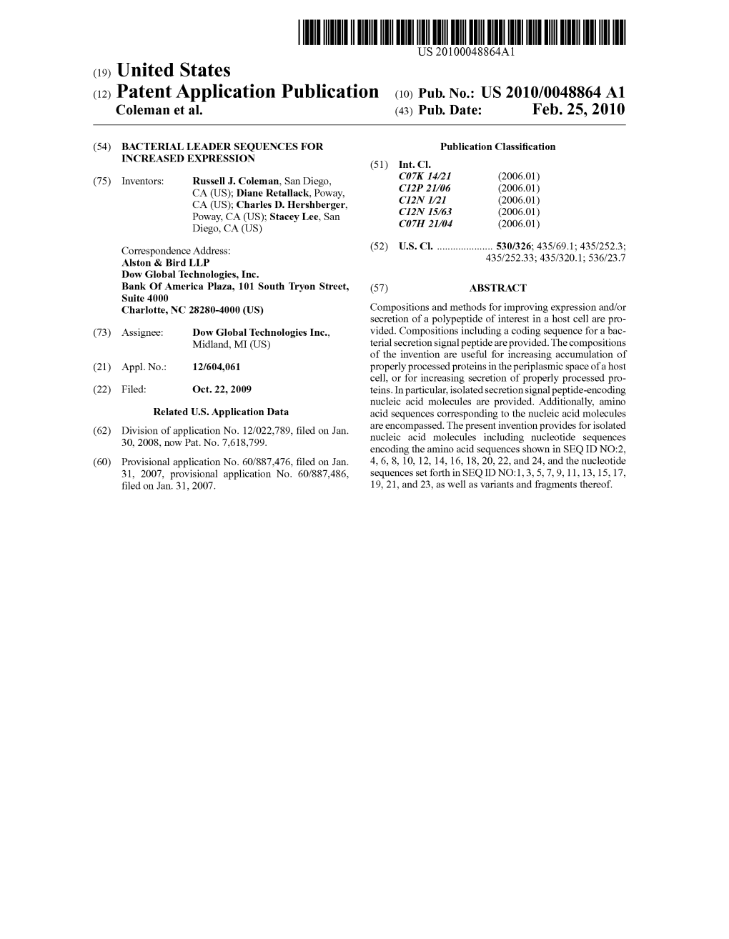 (12) Patent Application Publication (10) Pub. No.: US 2010/0048864 A1 Coleman Et Al