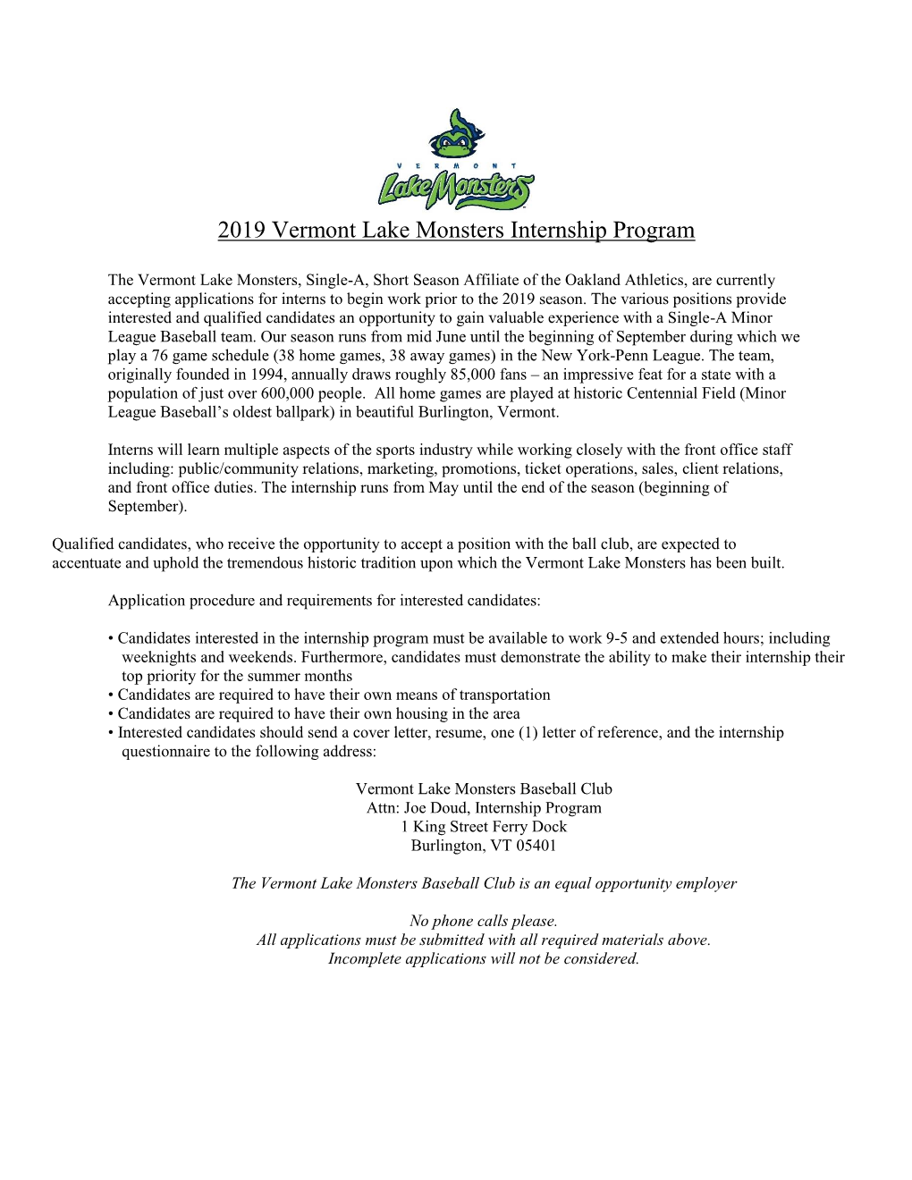2019 Vermont Lake Monsters Internship Program