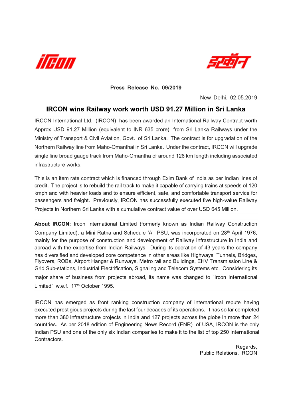 IRCON Wins Railway Work Worth USD 91.27 Million in Sri Lanka IRCON International Ltd