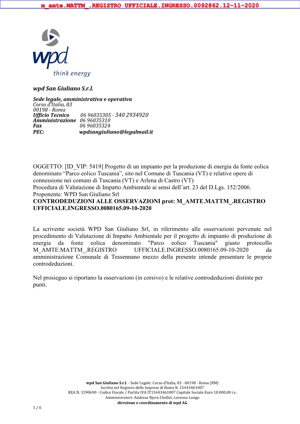 Wpd San Giuliano S.R.L. OGGETTO: [ID VIP: 5419] Progetto Di Un