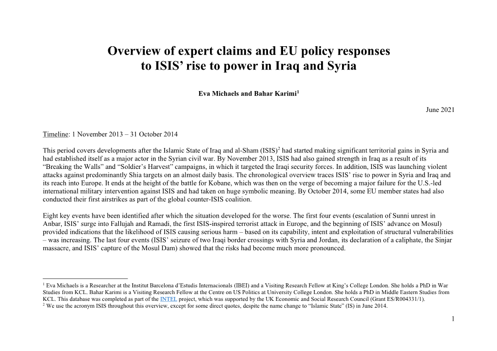 Overview of Expert Claims and EU Policy Responses to ISIS' Rise to Power in Iraq and Syria