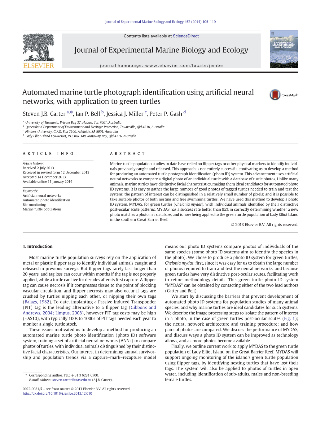Automated Marine Turtle Photograph Identification Using Artificial Neural