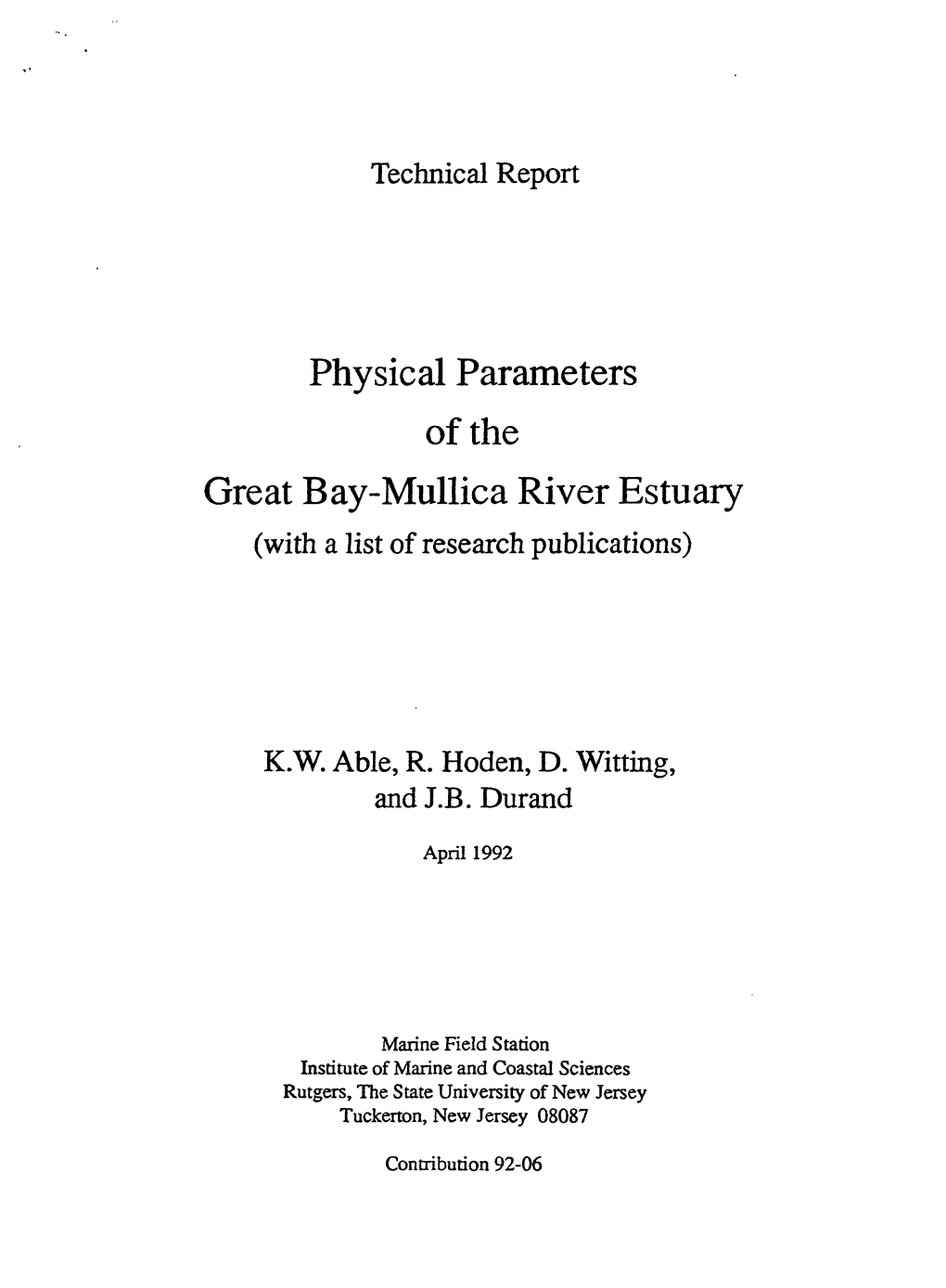 Physical Parameters of the Great Bay-Mullica River Estuary (With a List of Research Publications)