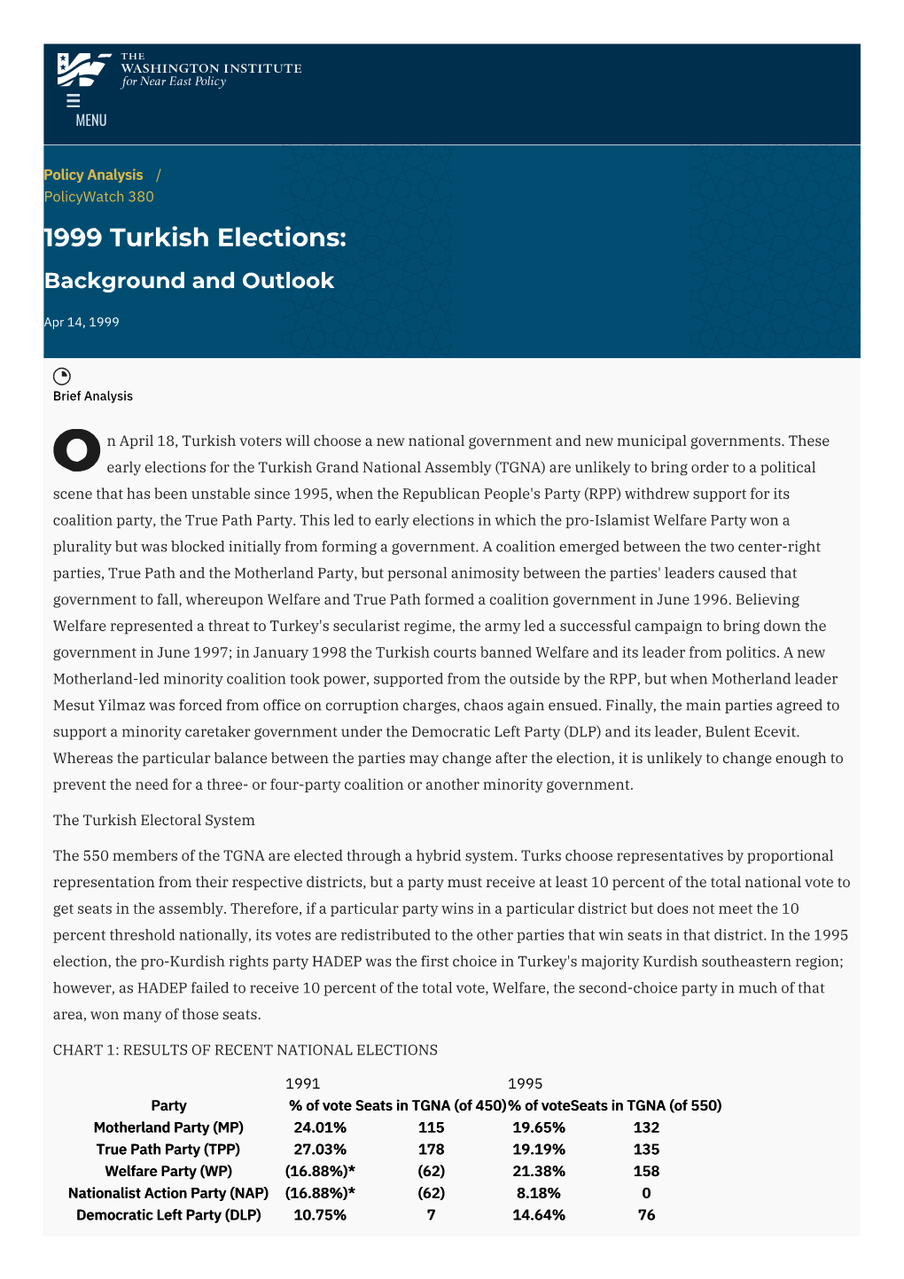 1999 Turkish Elections: Background and Outlook