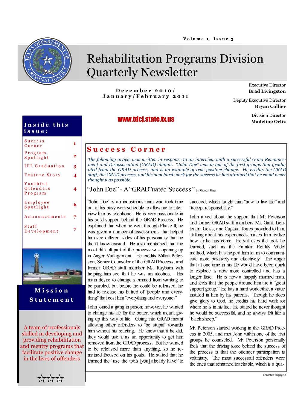 Rehabilitation Programs Division Quarterly Newsletter; Volume 1, Issue 3; December 2010/January-February 2011