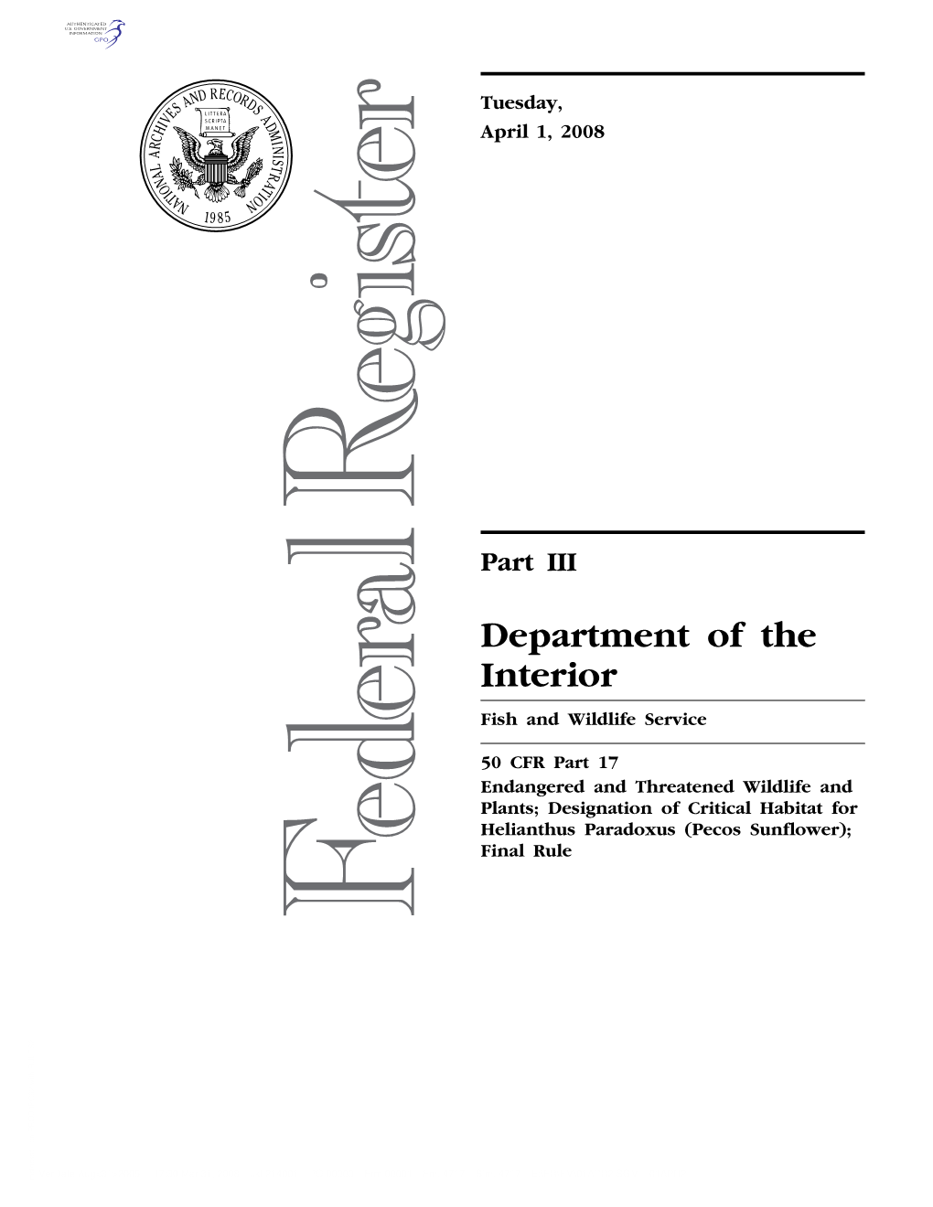 Designation of Critical Habitat for Helianthus Paradoxus (Pecos Sunflower); Final Rule