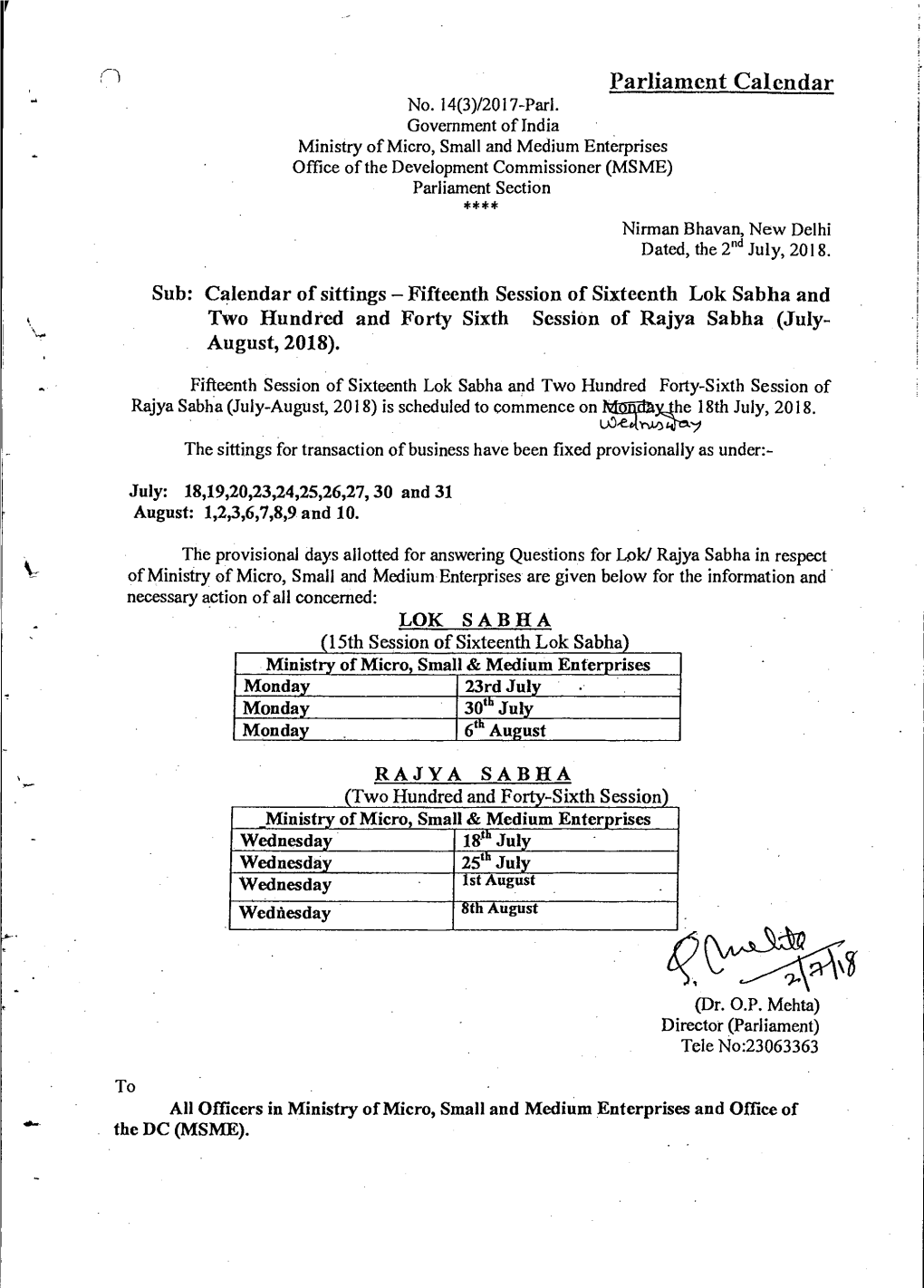 Parliament Calendar No