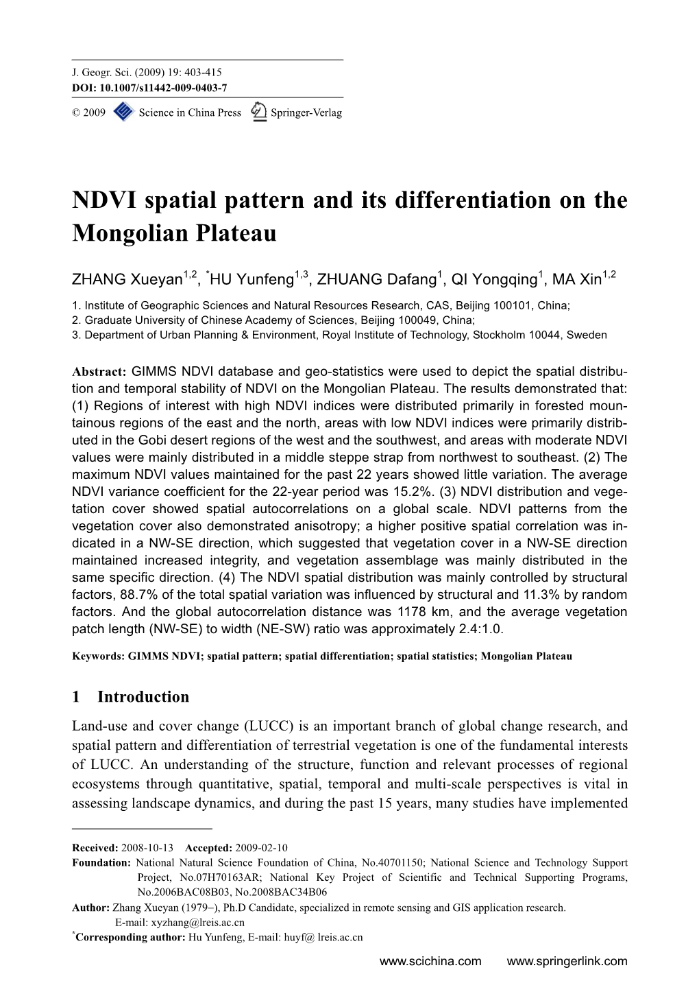 NDVI Spatial Pattern and Its Differentiation on the Mongolian Plateau