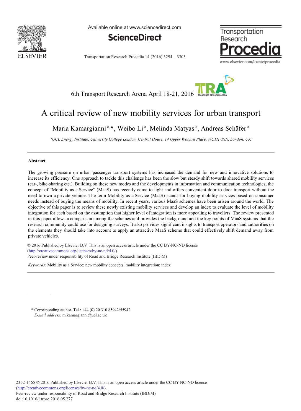 A Critical Review of New Mobility Services for Urban Transport