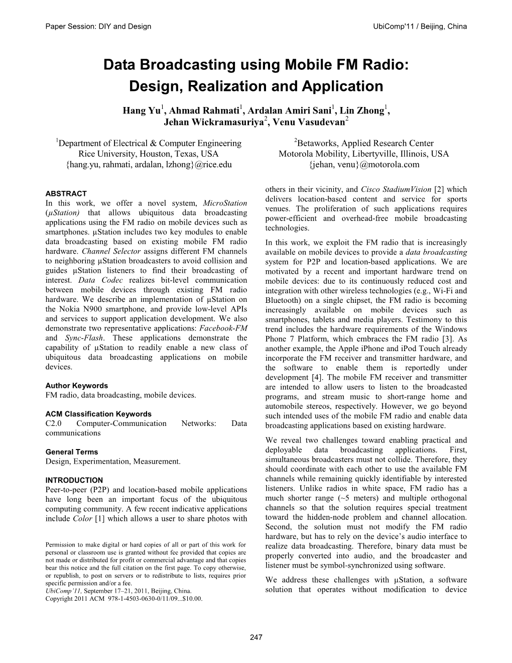 Data Broadcasting Using Mobile FM Radio