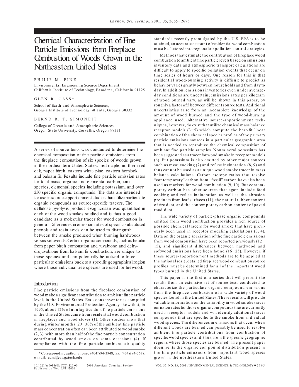 Chemical Characterization of Fine Particle Emissions from Fireplace