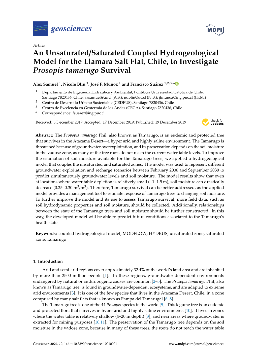 An Unsaturated/Saturated Coupled Hydrogeological Model for the Llamara Salt Flat, Chile, to Investigate Prosopis Tamarugo Survival