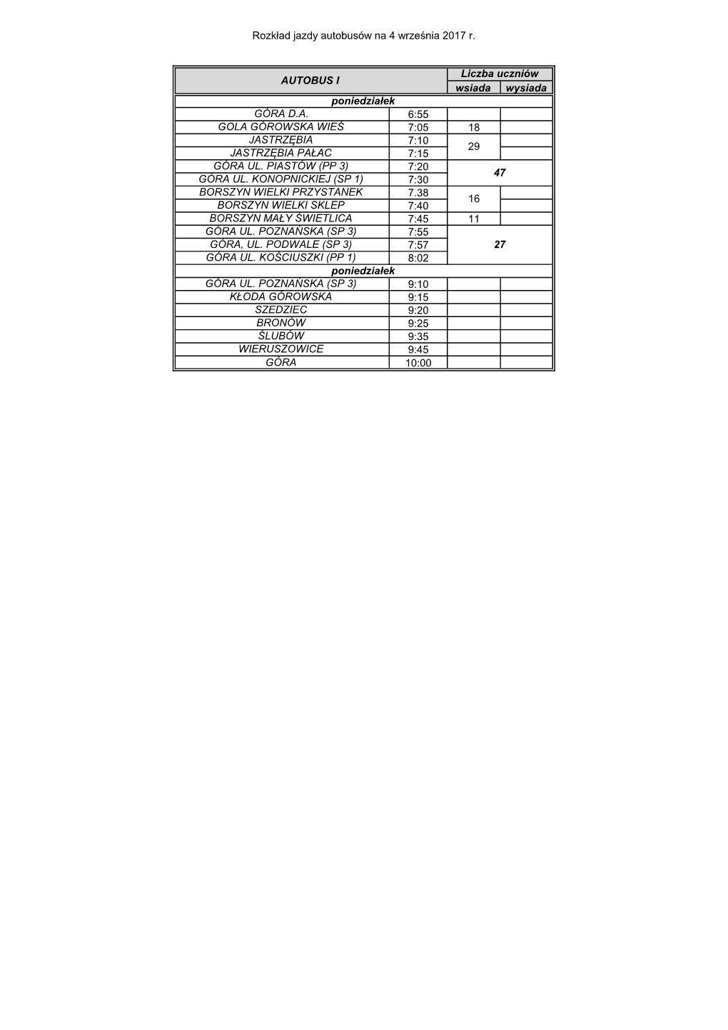 Rozkład Jazdy Autobusów Na 4 Września 2017 R. Wsiada Wysiada 6
