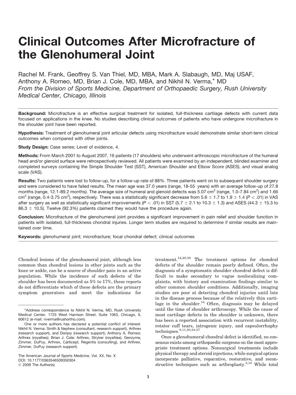 Clinical Outcomes After Microfracture of the Glenohumeral Joint