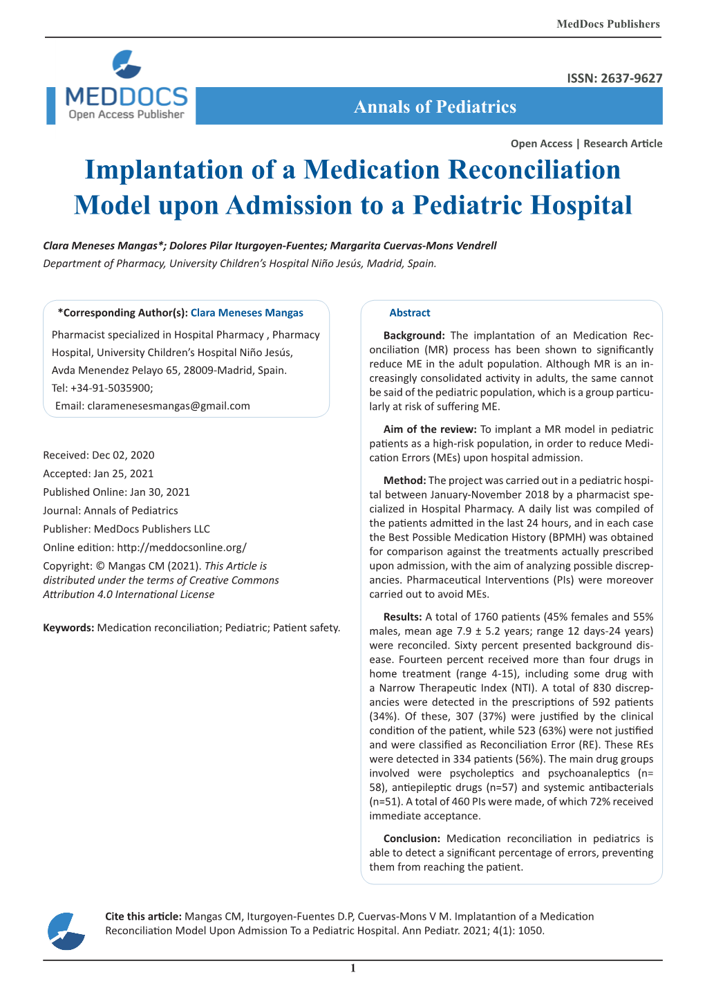 Implantation of a Medication Reconciliation Model Upon Admission to a Pediatric Hospital