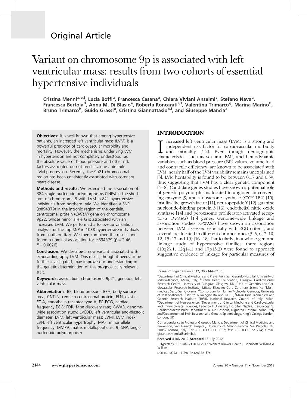 Variant on Chromosome 9P Is Associated with Left Ventricular Mass: Results from Two Cohorts of Essential Hypertensive Individuals