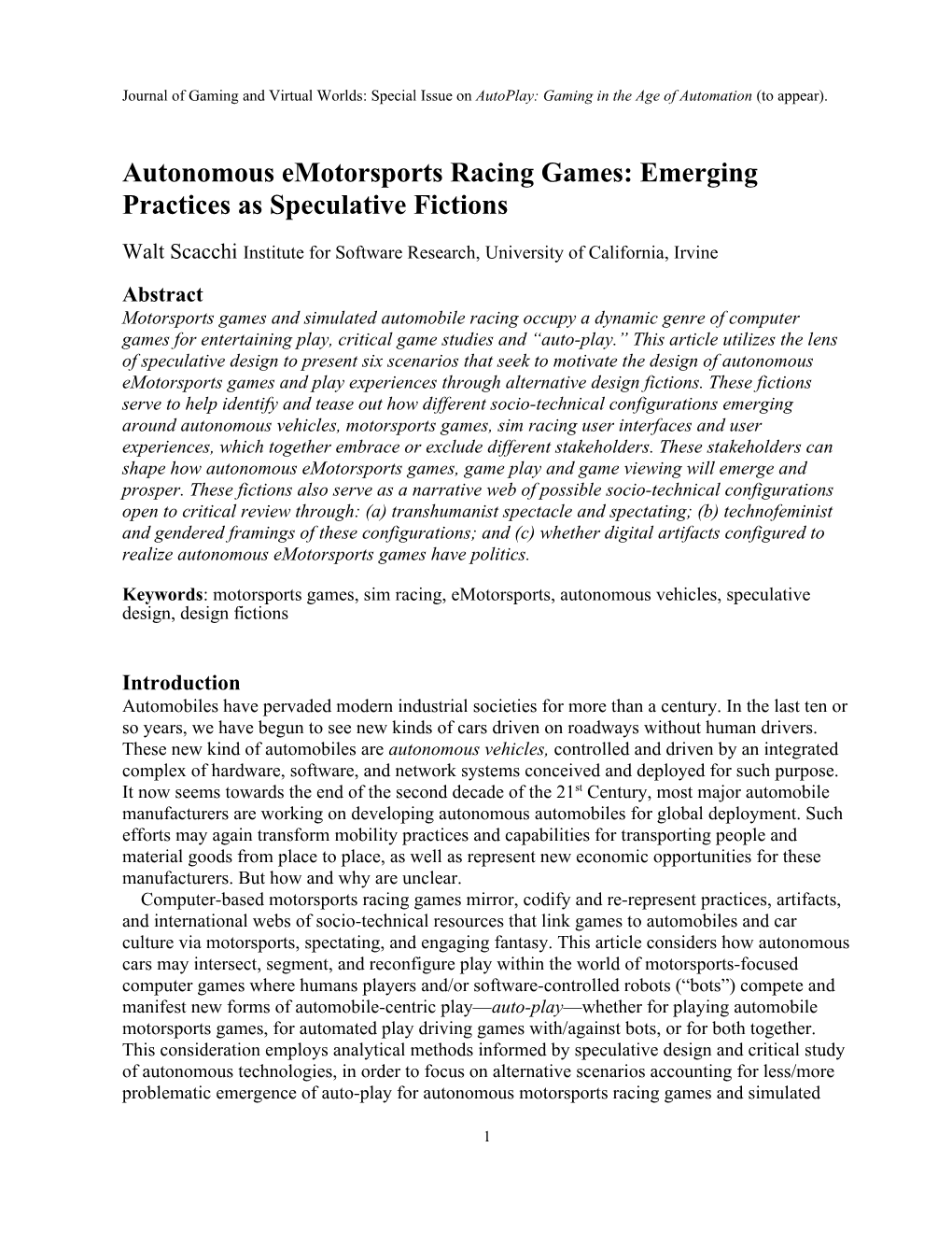 Autonomous Emotorsports Racing Games: Emerging Practices As Speculative Fictions