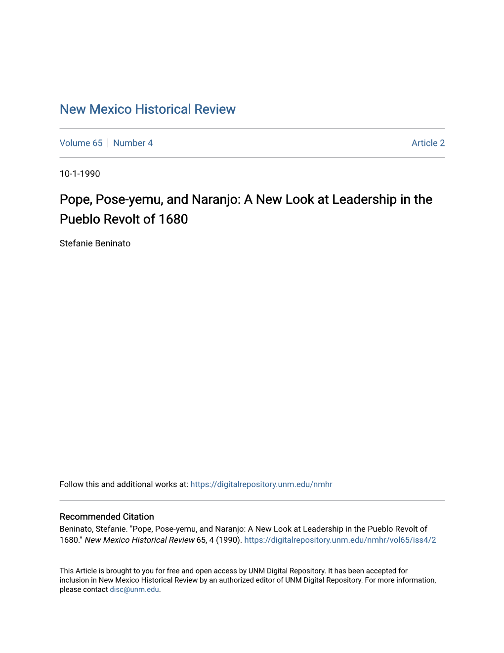 Pope, Pose-Yemu, and Naranjo: a New Look at Leadership in the Pueblo Revolt of 1680