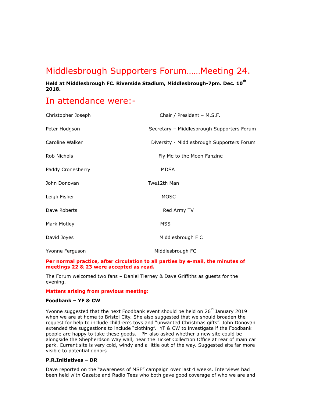 Middlesbrough Supporters Forum……Meeting 24