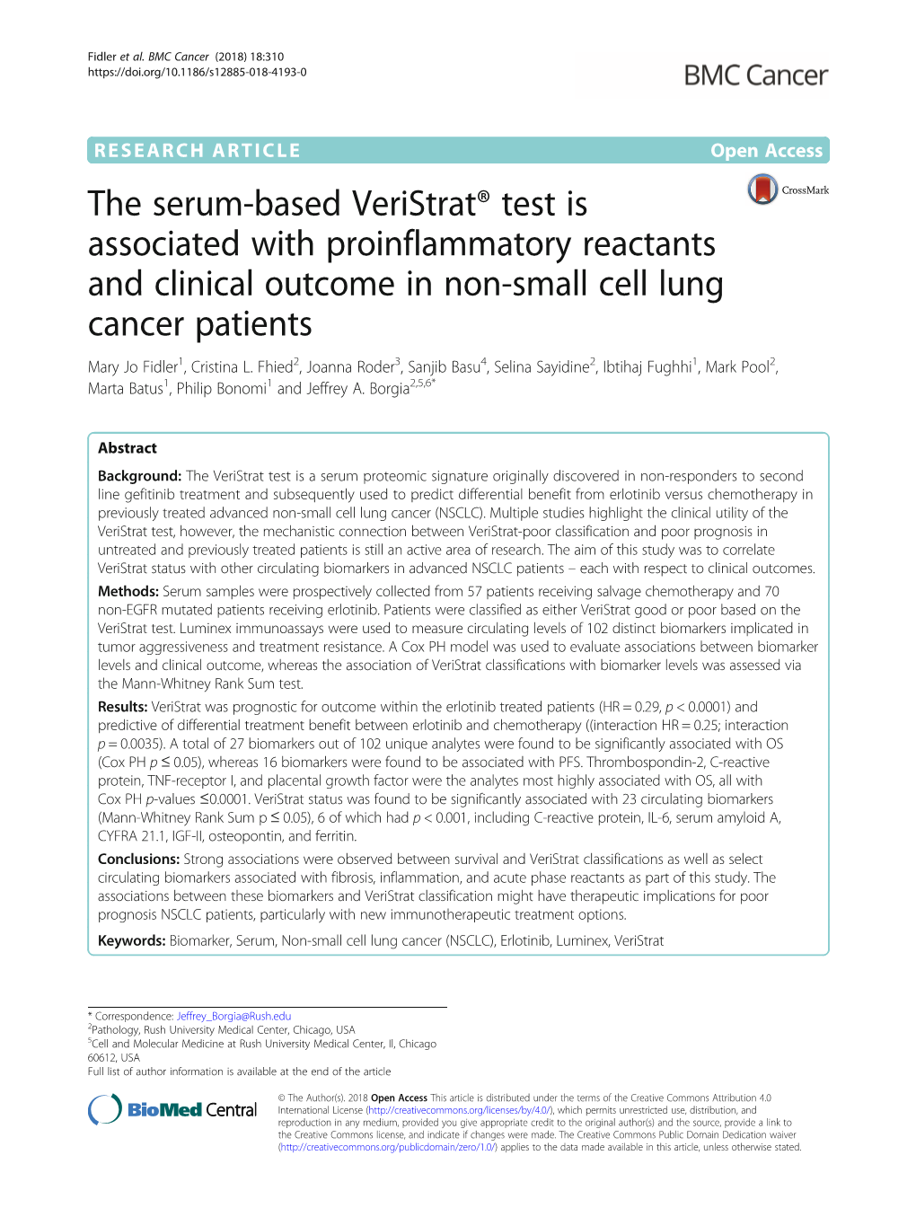 The Serum-Based Veristrat® Test Is Associated with Proinflammatory Reactants and Clinical Outcome in Non-Small Cell Lung Cancer Patients Mary Jo Fidler1, Cristina L