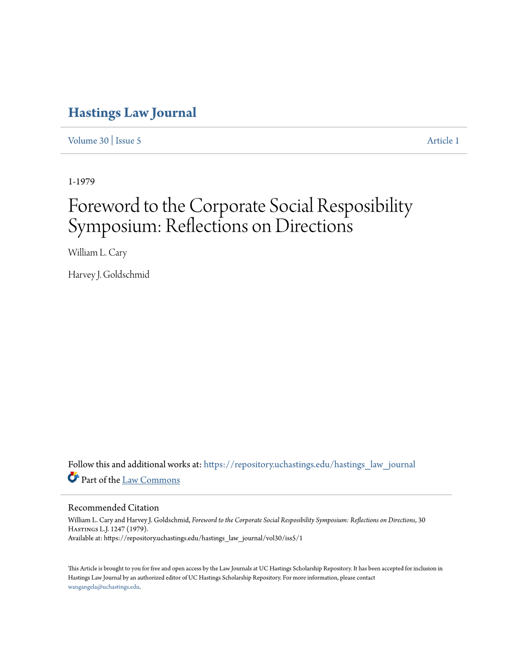 Foreword to the Corporate Social Resposibility Symposium: Reflections on Directions William L