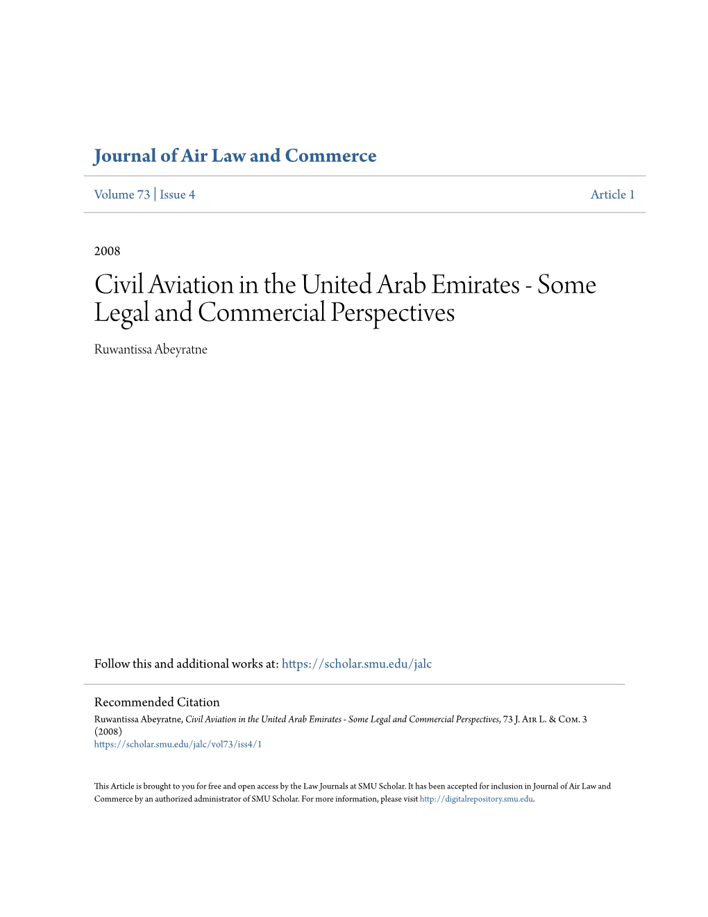 Civil Aviation in the United Arab Emirates - Some Legal and Commercial Perspectives Ruwantissa Abeyratne