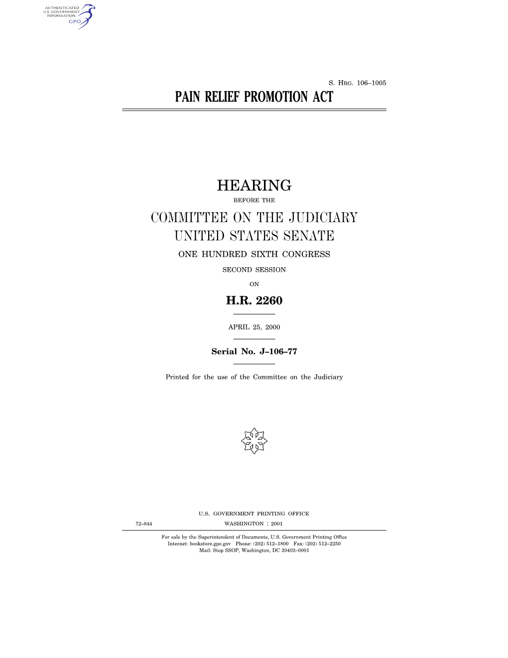 Pain Relief Promotion Act Hearing Committee on the Judiciary United States Senate