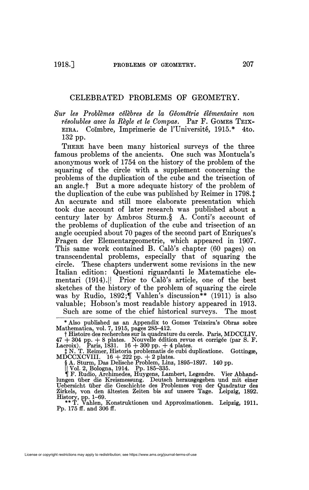 CELEBRATED PROBLEMS of GEOMETRY. Sur Les Problèmes Célèbres De La Géométrie Élémentaire Non Résolubles Avec La Règle Et Le Compas, Par F