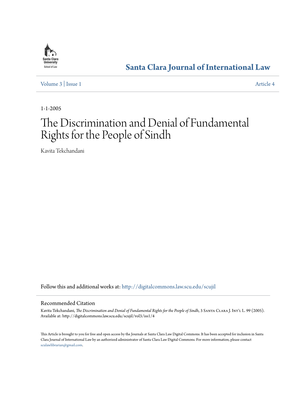 The Discrimination and Denial of Fundamental Rights for the People of Sindh Kavita Tekchandani