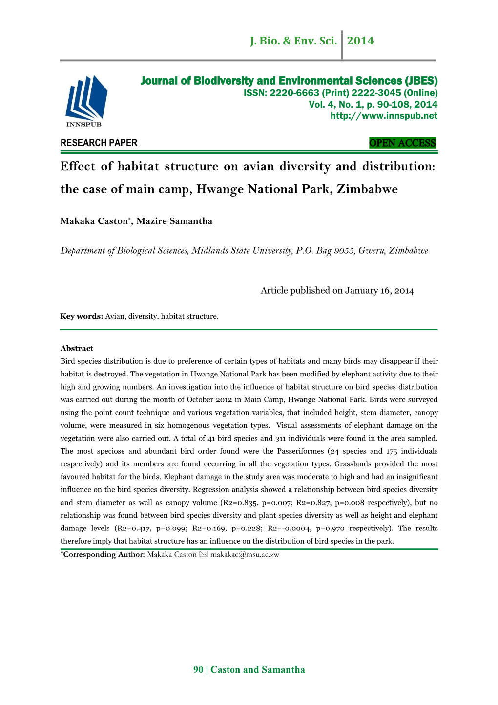 Effect of Habitat Structure on Avian Diversity and Distribution: the Case of Main Camp, Hwange National Park, Zimbabwe