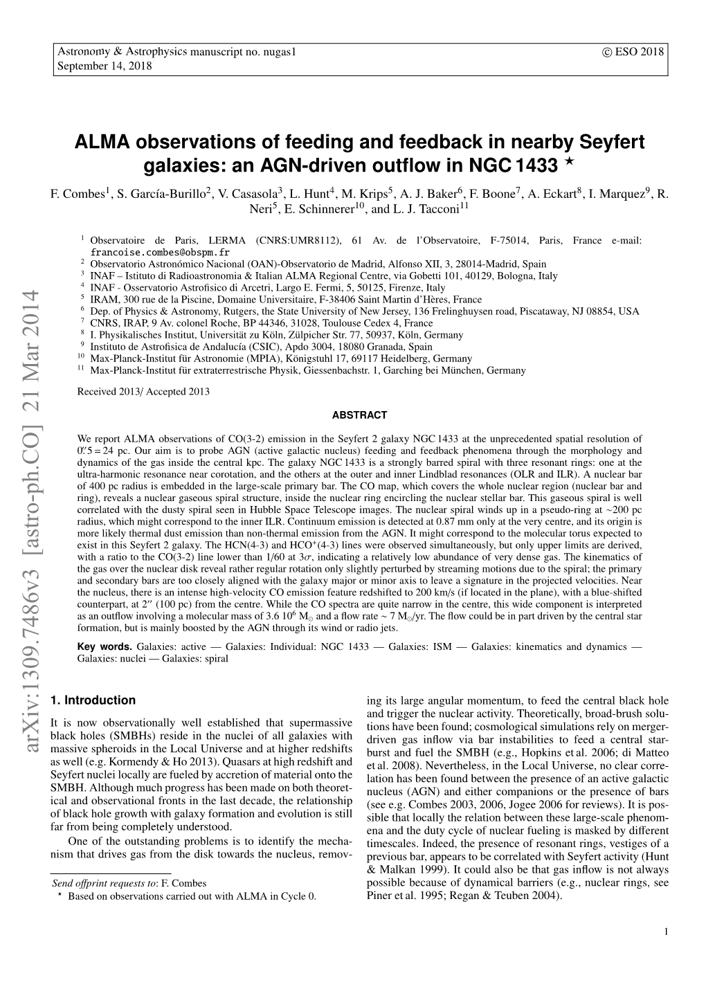 ALMA Observations of Feeding and Feedback in Nearby Seyfert Galaxies: an AGN-Driven Outﬂow in NGC 1433 ? F