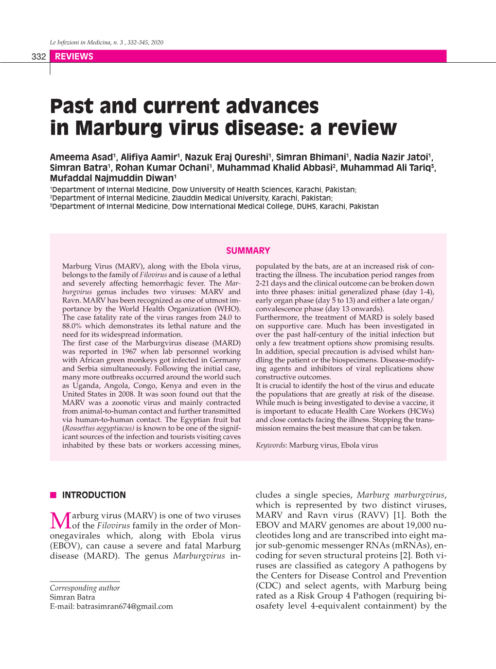 Past and Current Advances in Marburg Virus Disease: a Review